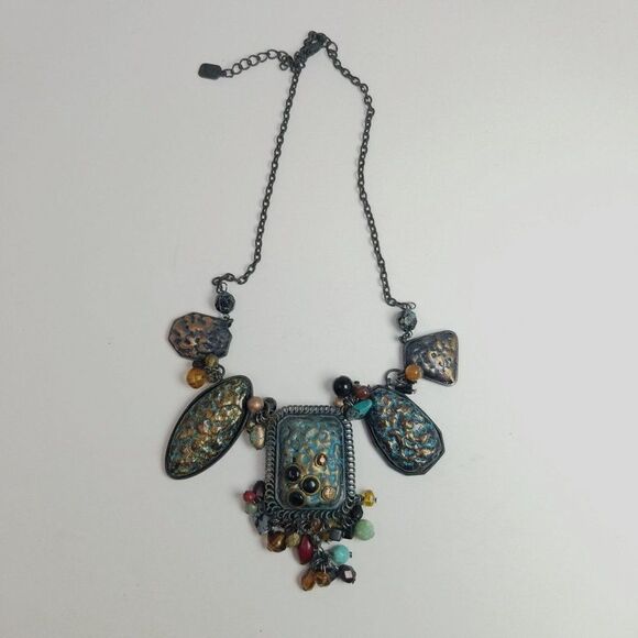 Vintage Chunky Boho Black and Blue Collar Necklace, Beaded Fringe, Bold - Picture 4 of 4